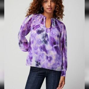 Purple Floral Smocked Neck Long-Sleeve Women's Top